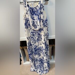 Eliza J White Maxi Dress with Blue Floral Pleats